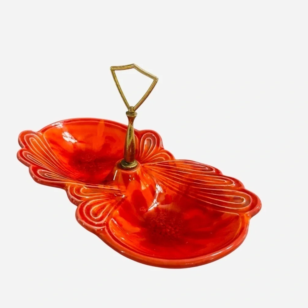 1960s Cal Style USA Orange Pottery Divided Candy Dish MCM Leaf Tidbit Tray